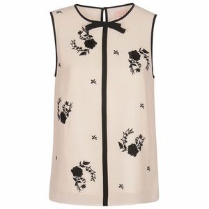 Ted Baker Soo Rose Embroidered Sleeveless Ivory Blouse with Black Bow & Trim
